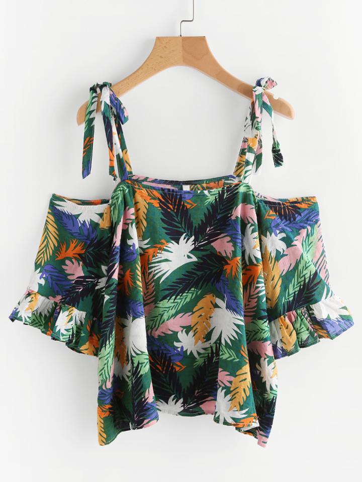 Romwe Self Tie Open Shoulder Printed Random Top