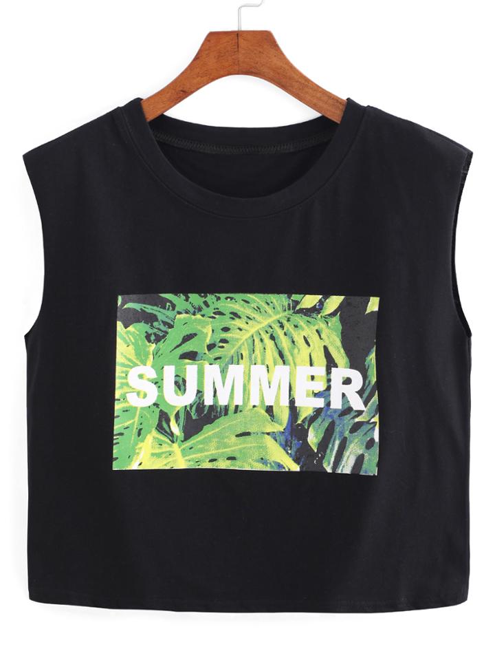 Romwe Leaves Letter Print Black Tank Top