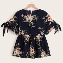 Romwe Plus Floral Print Tie Side Peplum Blouse