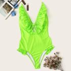 Romwe Neon Green Ruffle Backless One Piece Swimwear