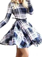 Romwe Multicolor Plaid Long Sleeve Skater Dress