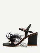 Romwe Faux Pearl And Fur Decorated Block Heeled Sandals
