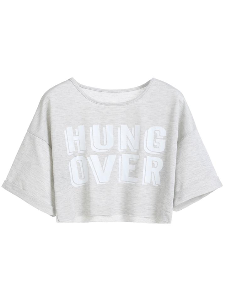 Romwe Grey Letter Print Drop Shoulder Crop T-shirt