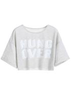 Romwe Grey Letter Print Drop Shoulder Crop T-shirt