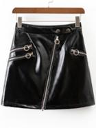 Romwe Black Oblique Zipper Faux Leather Skirt