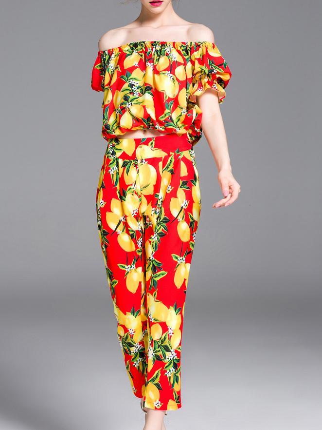 Romwe Red Off The Shoulder Lemons Top With Pants