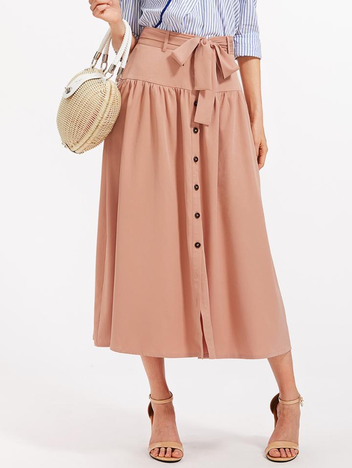 Romwe Self Belted Button Up Drop Waist Skirt