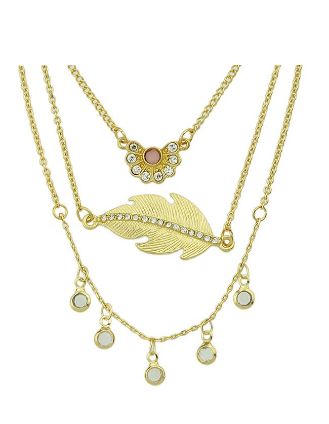 Romwe Gold Plated Three Pieces Leaf Flower And Hanging Round Necklace Set