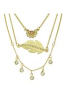 Romwe Gold Plated Three Pieces Leaf Flower And Hanging Round Necklace Set