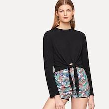 Romwe Solid Knot Top & Jungle Leaf Print Shorts Set