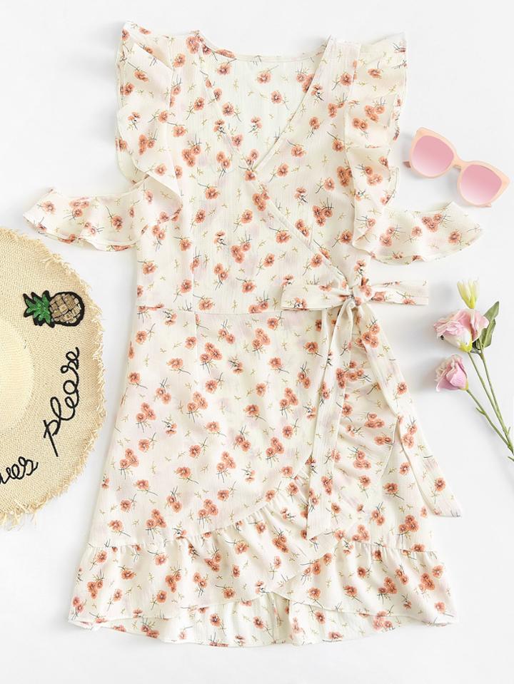 Romwe Ruffle Trim Calico Print Dress