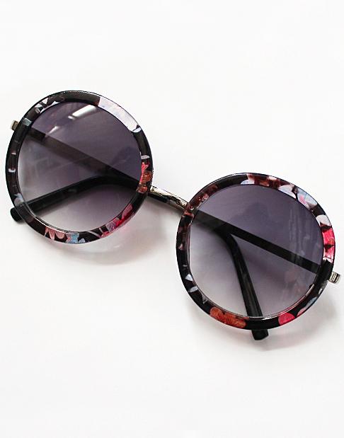 Romwe Purple Round Lenses Floral Sunglasses