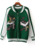 Romwe Green Crane Embroidery Raglan Sleeve Zipper Sweater Coat