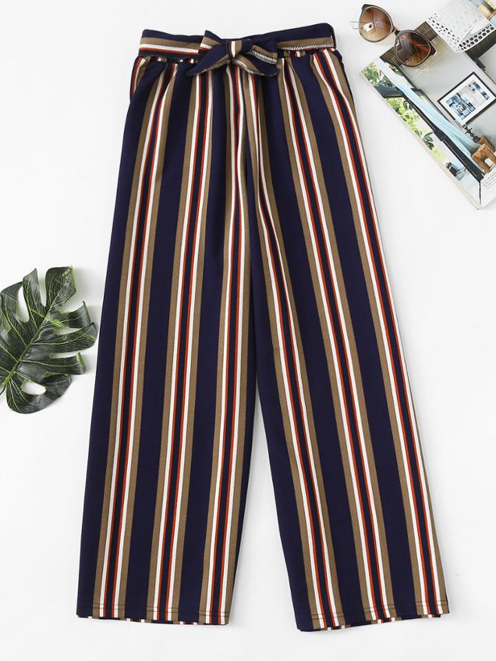 Romwe Block Striped Tie Detail Wide Leg Pants