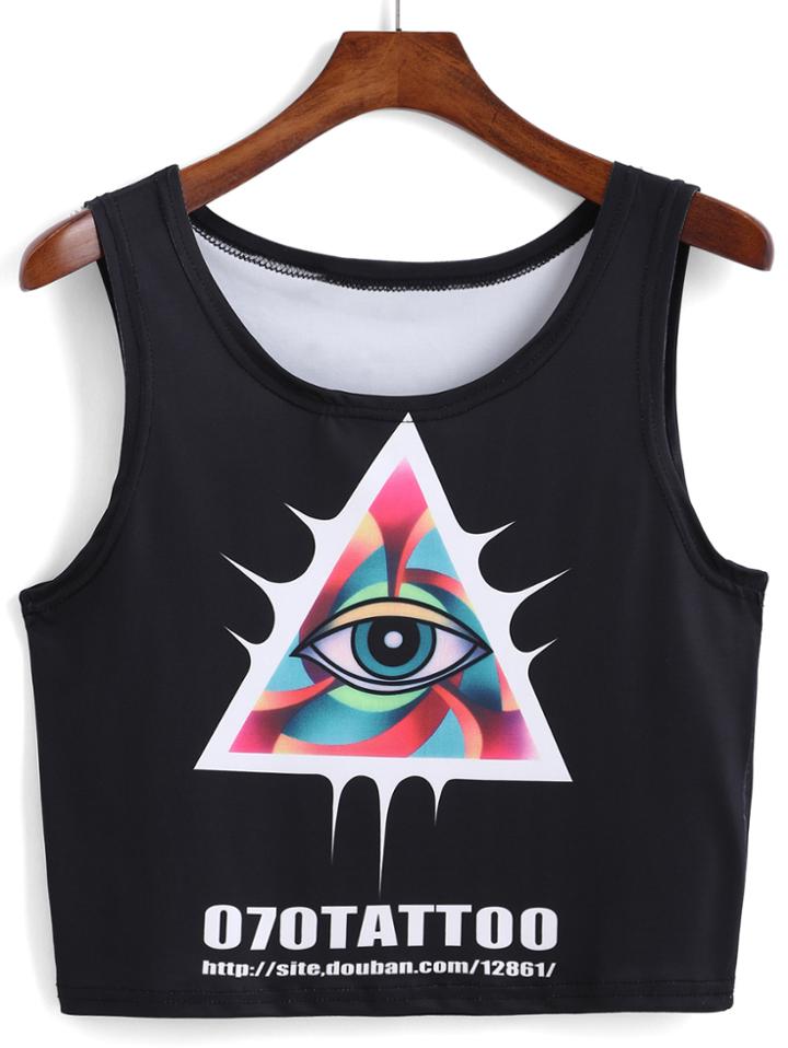 Romwe Triangle Eye Print Crop Black Tank Top
