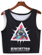 Romwe Triangle Eye Print Crop Black Tank Top
