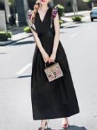 Romwe Black V Neck Ruffle Sleeve Embroidered Maxi Dress