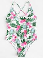 Romwe Crisscross Back Tropical Swimsuit