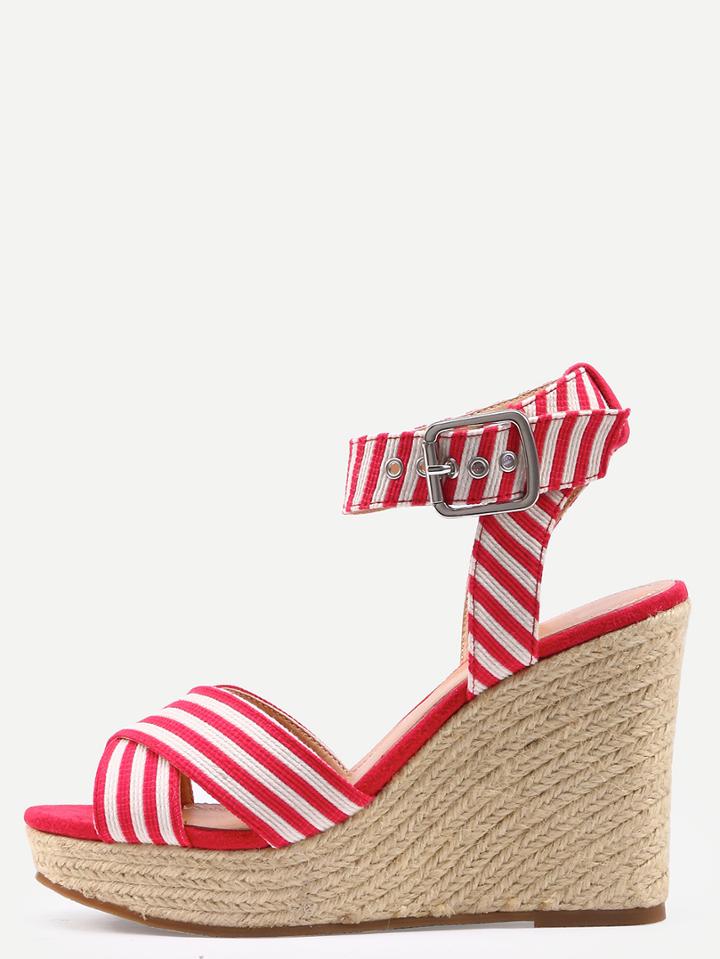 Romwe Crisscross Striped Ankle Strap Wedges- Red