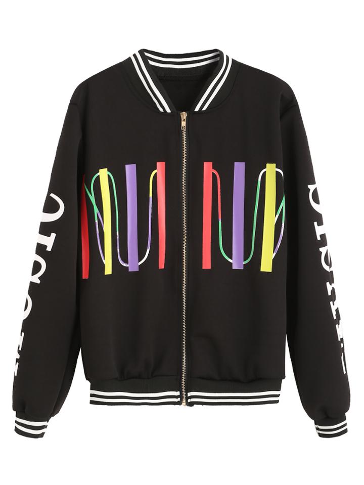 Romwe Black Letter And Stripe Print Bomber Jacket
