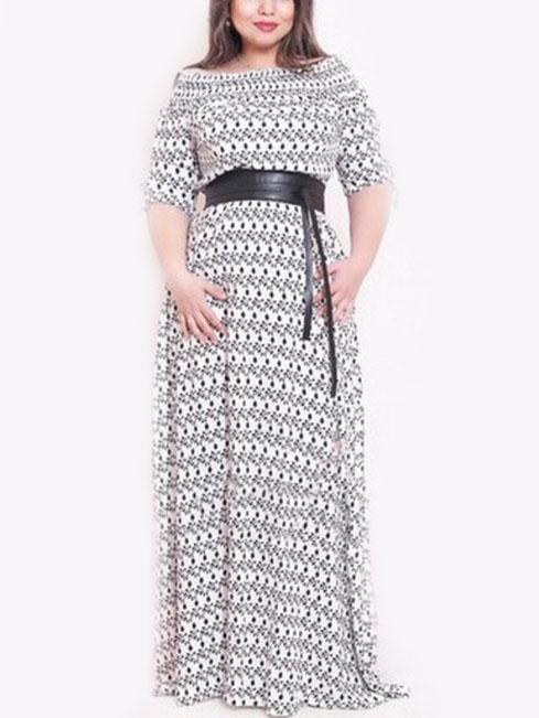 Romwe Round Neck Print Plus Maxi Grey Dress
