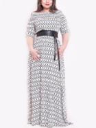 Romwe Round Neck Print Plus Maxi Grey Dress