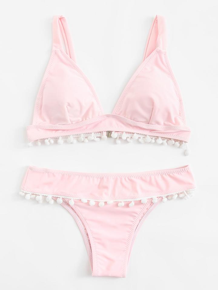 Romwe Pompom Detail Bikini Set