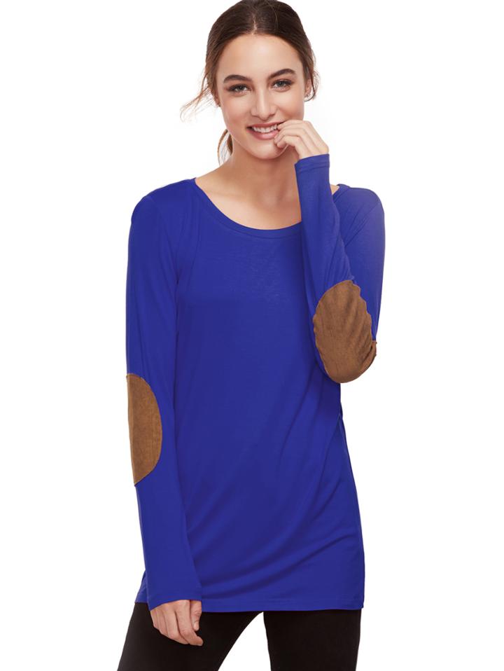 Romwe Royal Blue Long Sleeve Elbow Patch T-shirt