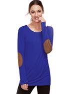 Romwe Royal Blue Long Sleeve Elbow Patch T-shirt