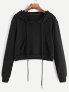 Romwe Black Drawstring Hooded Crop Sweatshirt With Pocket