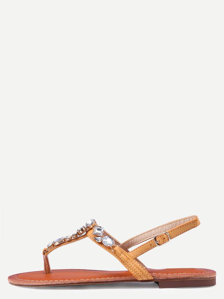 Romwe Camel Beaded Flat Flip Sandals
