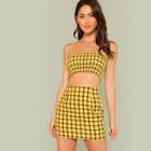 Romwe Plaid Print Shirred Strapless Crop Top And Skirt Set