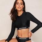 Romwe Long Sleeve Letter Tape Trim 2 Piece Swimsuit