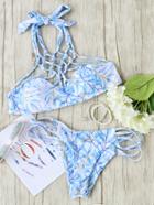 Romwe Leaf Print Cutout Halter Bikini Set