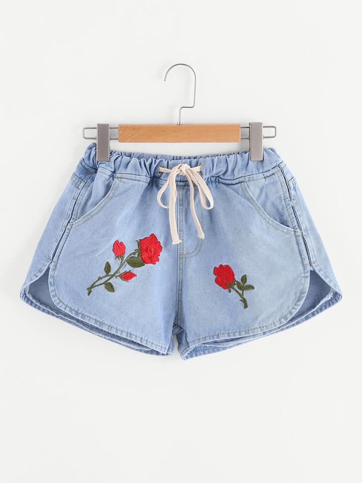 Romwe Floral Embroidered Dolphin Hem Drawstring Denim Shorts