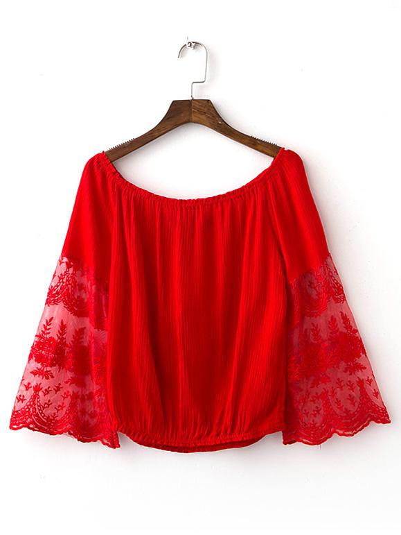 Romwe Red Bell Sleeve Off The Shoulder Smock Blouse