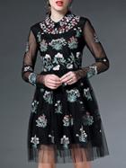 Romwe Black Sheer Sleeve Gauze Embroidered A-line Dress