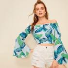 Romwe Tropical Print Off The Shoulder Flounce Sleeve Blouse
