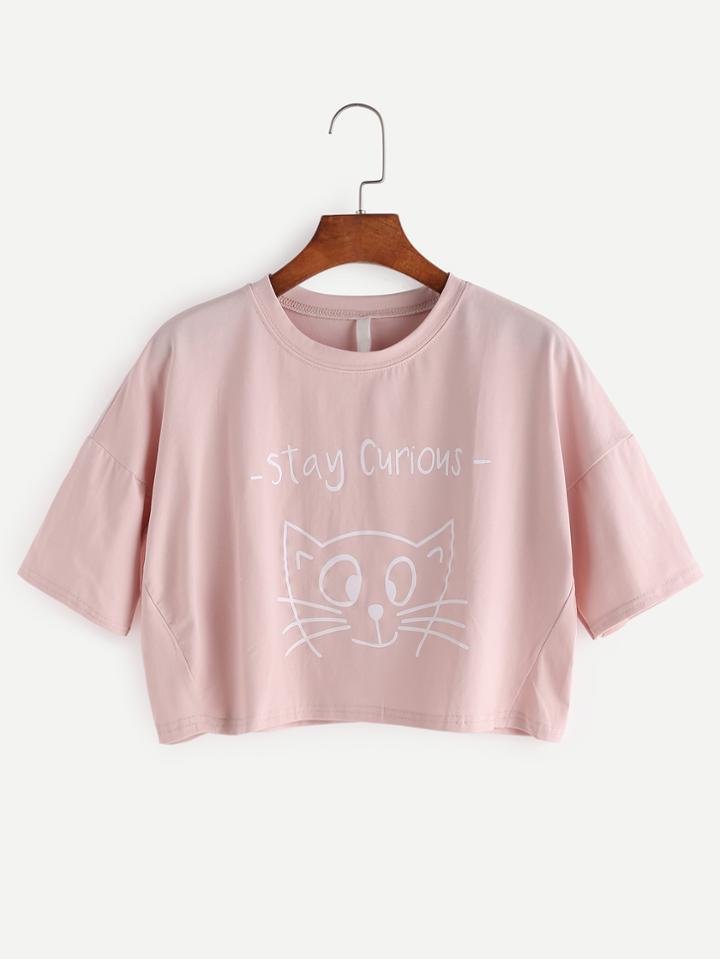 Romwe Pink Cat Print Drop Shoulder Crop T-shirt
