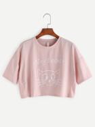 Romwe Pink Cat Print Drop Shoulder Crop T-shirt