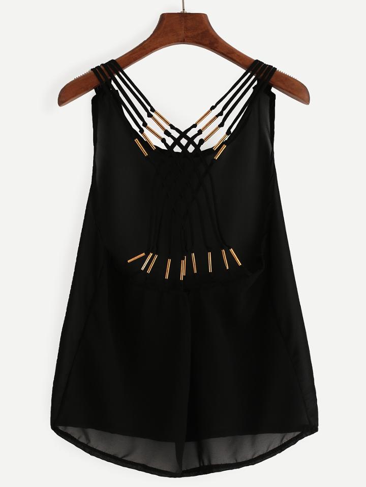 Romwe Black Beaded Lattice Racerback Chiffon Tank Top