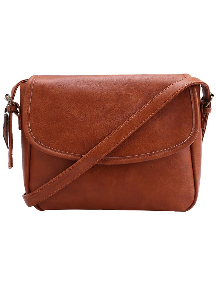 Romwe Brown With Zipper Pu Shoulder Bag