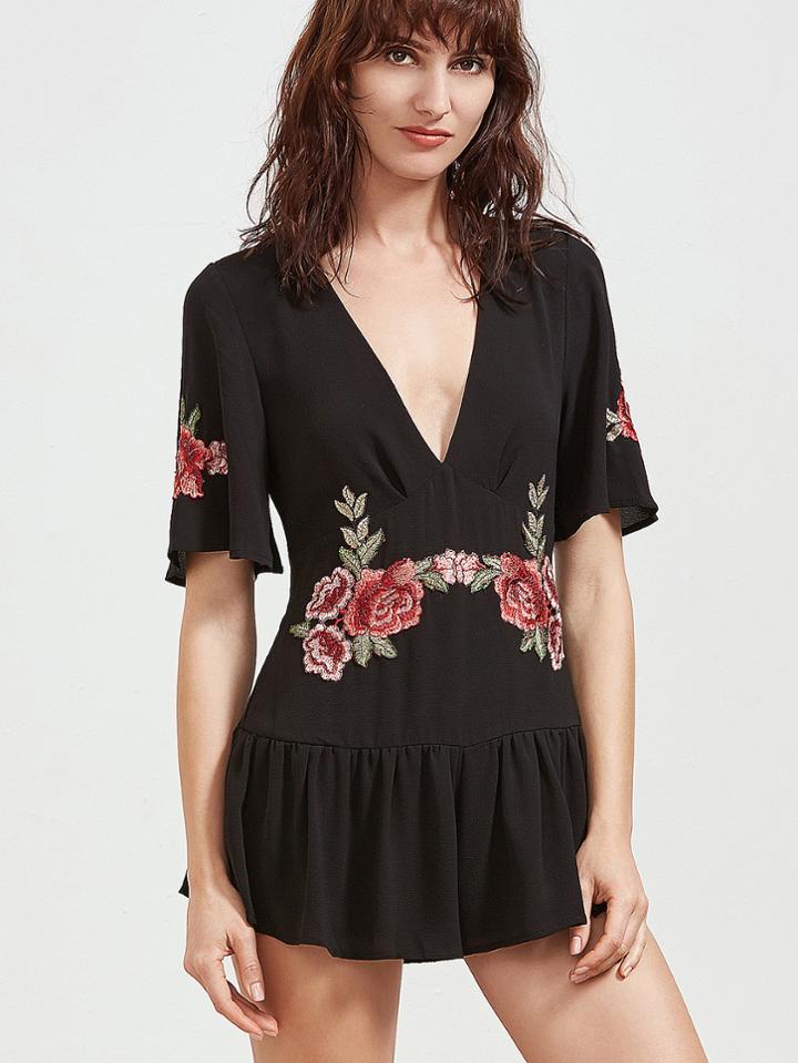 Romwe Black Deep V Neck Appliques Ruffle Romper