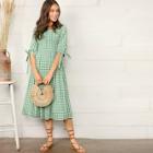 Romwe Knotted Cuff Gingham Fit & Flare Dress