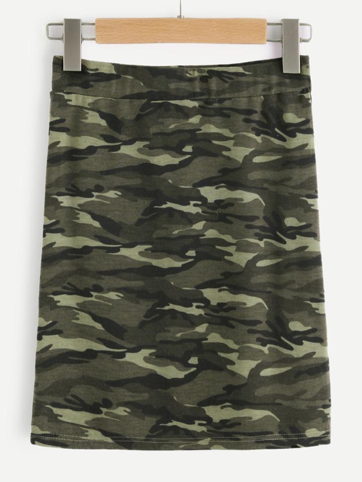 Romwe Camo Print Elastic Waist Bodycon Skirt