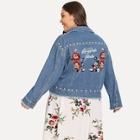Romwe Plus Pearls Letter & Floral Embroidered Denim Jacket