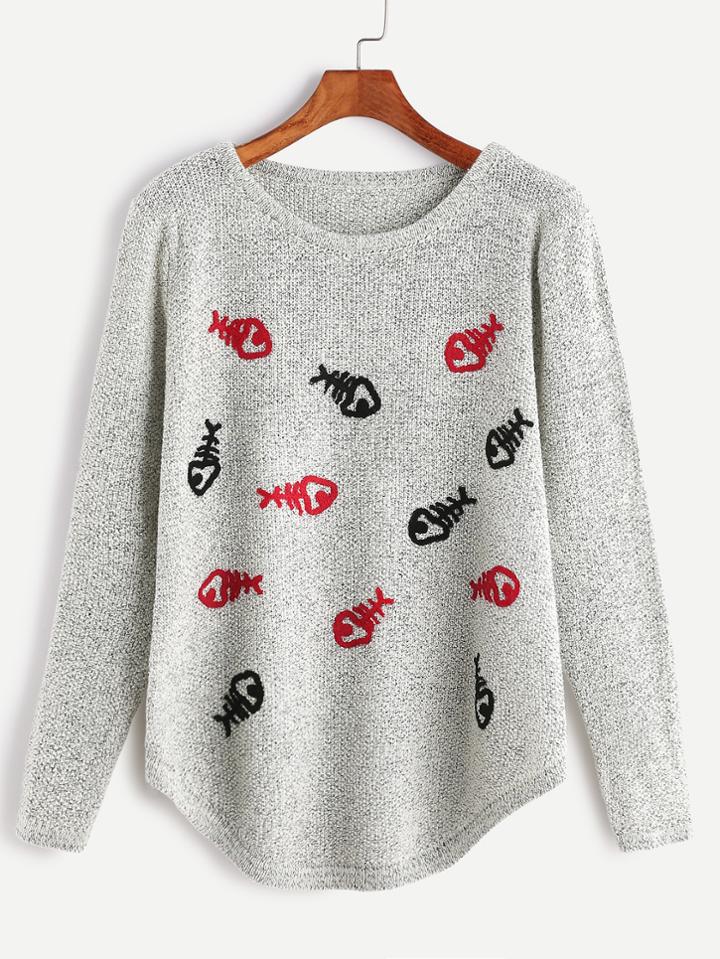 Romwe Light Grey Cartoon Embroidery Curved Hem Sweater