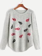 Romwe Light Grey Cartoon Embroidery Curved Hem Sweater