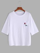 Romwe White Rose Print Drop Shoulder T-shirt