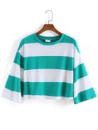 Romwe Bell Sleeve Striped Crop Green T-shirt